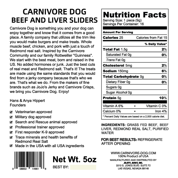 Carnivore DOG Beef and Liver Sliders 5oz