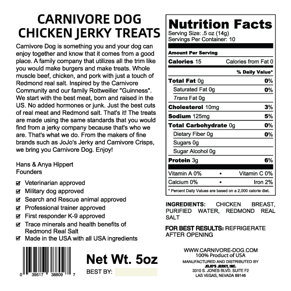 Carnivore DOG CHICKEN Jerky Treats 5oz