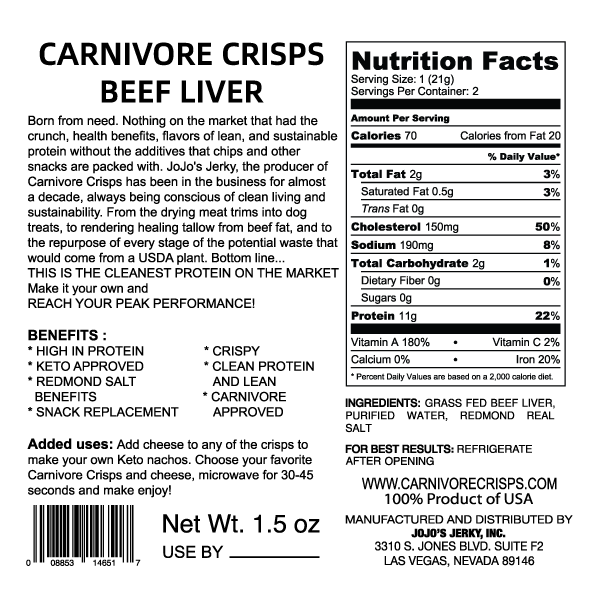 Carnivore Crisps 6 Bags of 1.5 oz Beef Liver Crisps